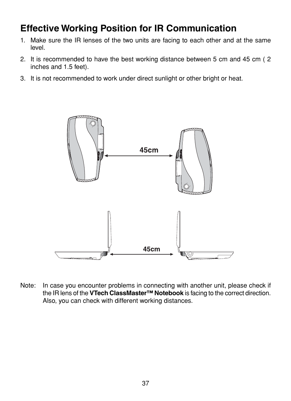Effective working position for ir communication | VTech XL Series User Manual | Page 44 / 47