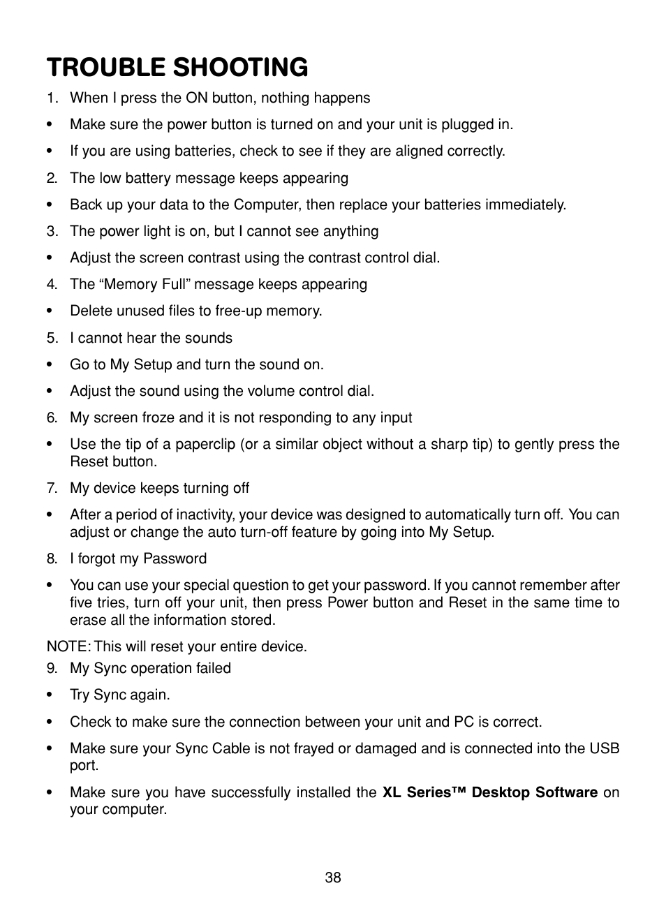 Trouble shooting | VTech XL Series User Manual | Page 45 / 47