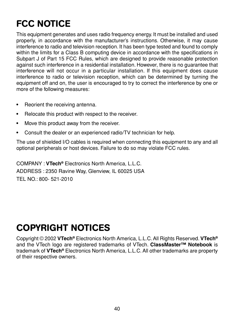 Fcc notice, Copyright notices | VTech XL Series User Manual | Page 47 / 47