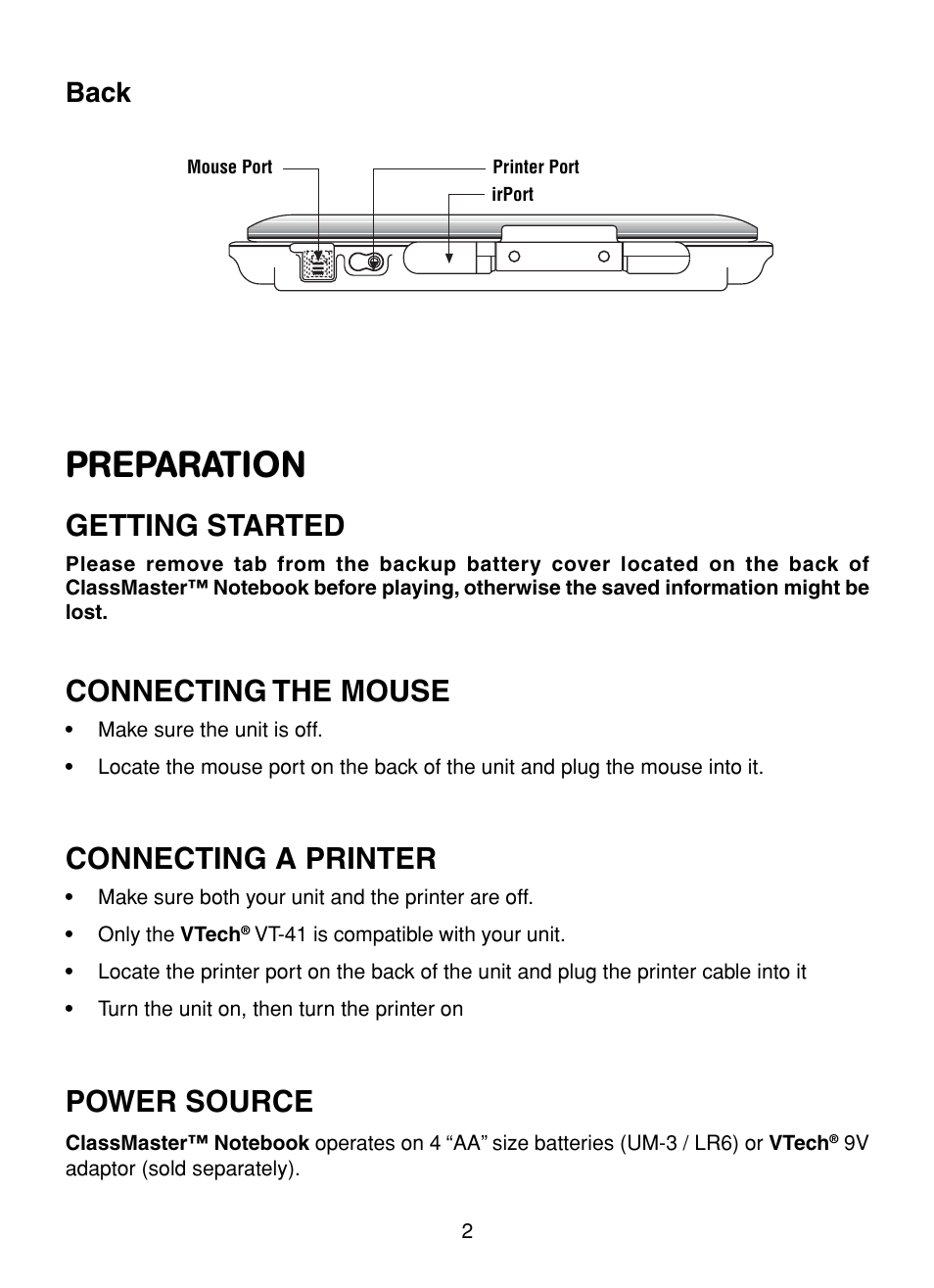 Preparation, Getting started, Connecting the mouse | Connecting a printer, Power source, Back | VTech XL Series User Manual | Page 9 / 47