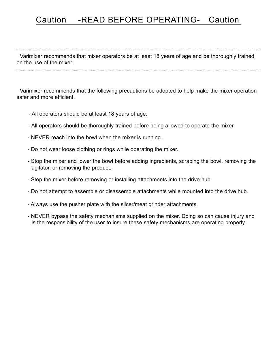 Caution -read before operating- caution | Varimixer W30(A) User Manual | Page 2 / 42