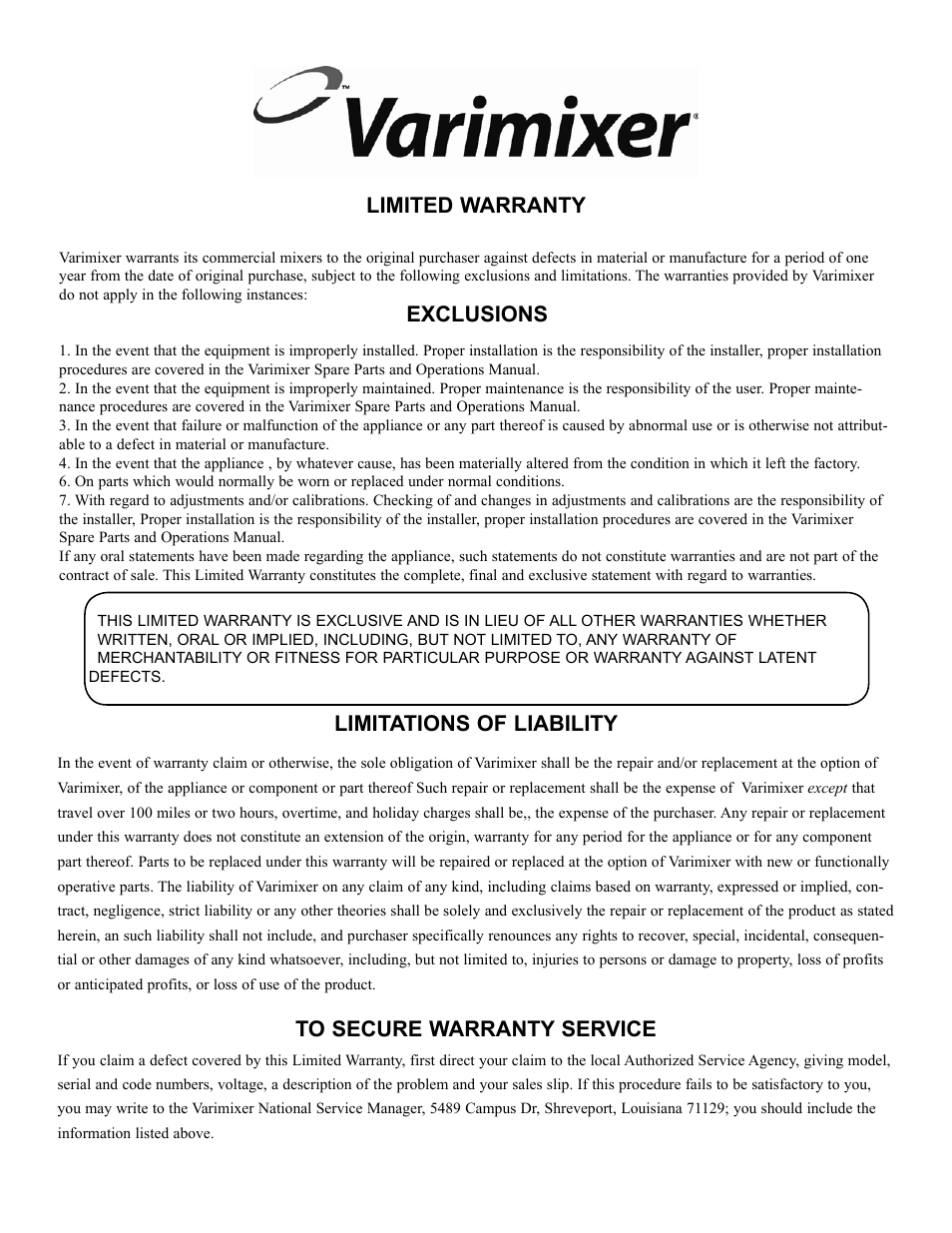 Limited warranty exclusions | Varimixer W30(A) User Manual | Page 3 / 42