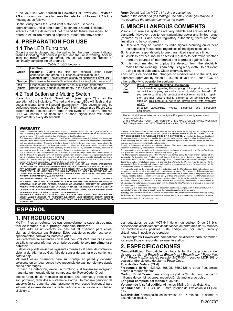 Preparation for use, Miscellaneous comments, Español | Introducción, Especificaciones, 1 the led functions, 2 test button and muting switch | Visonik MCT-441 User Manual | Page 2 / 6