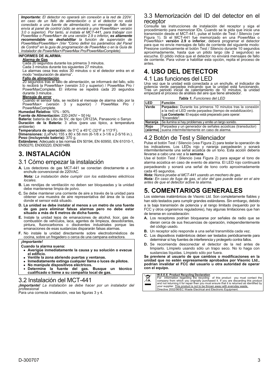 Instalación, Uso del detector, Comentarios generales | 1 cómo empezar la instalación, 2 instalación del mct-441, 1 las funciones del led, 2 botón de test y silenciador | Visonik MCT-441 User Manual | Page 3 / 6