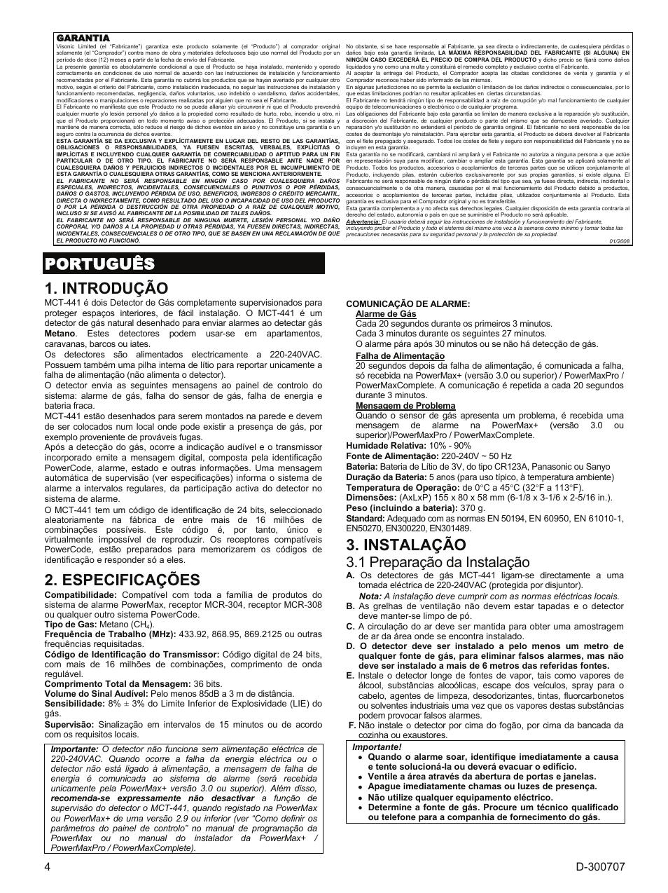 Português, Introdução, Especificações | Instalação, 1 preparação da instalação | Visonik MCT-441 User Manual | Page 4 / 6