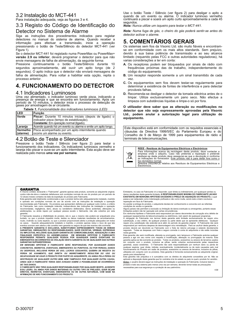 Funcionamento do detector, Comentários gerais, 2 instalação do mct-441 | 1 indicadores luminosos, 2 botão de teste e silenciador | Visonik MCT-441 User Manual | Page 5 / 6