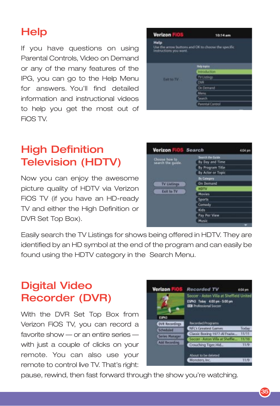 Help, High definition television (hdtv), Digital video recorder (dvr) | Verizon FiOS TV User Manual | Page 37 / 60