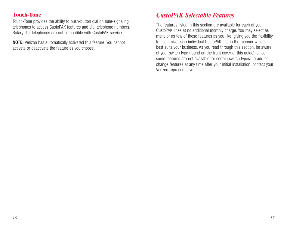Custopak selectable features | Verizon DMS 100 User Manual | Page 10 / 33