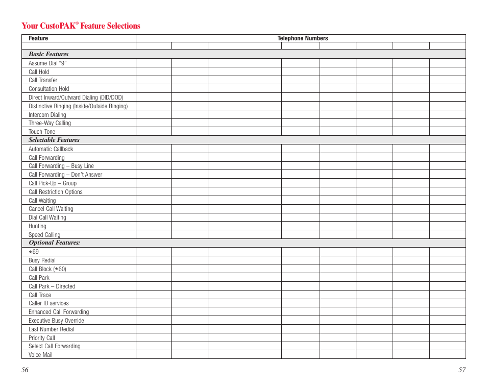 Your custopak, Feature selections | Verizon DMS 100 User Manual | Page 30 / 33