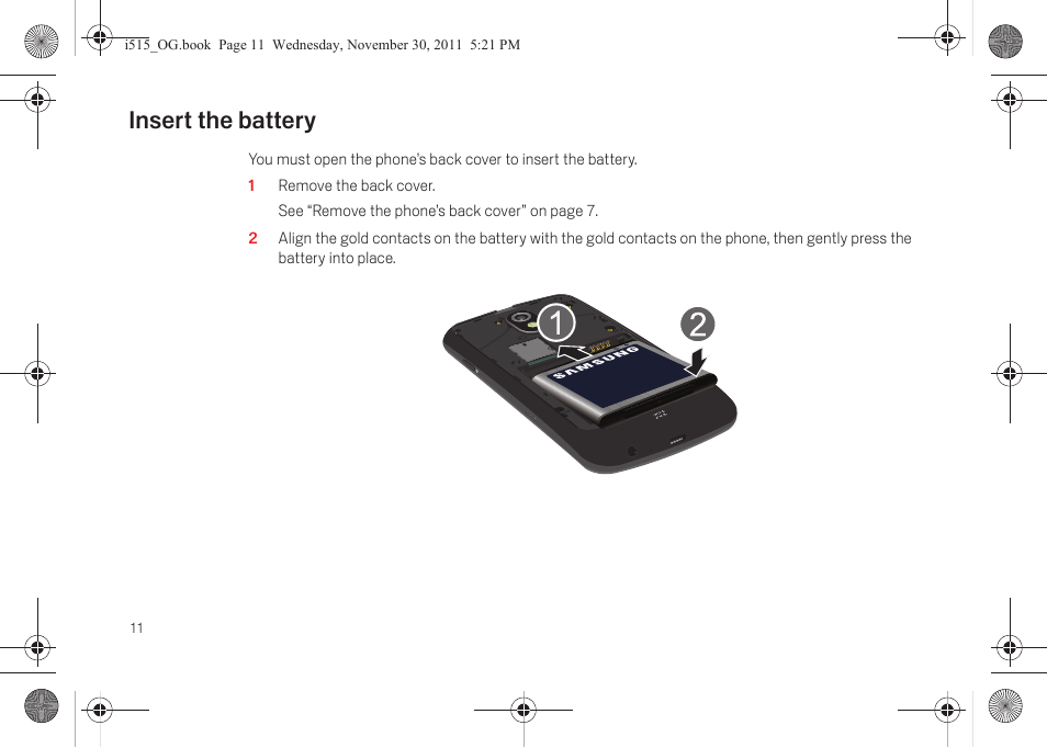 Insert the battery, Insert the battery 11 | Verizon Cell Phone User Manual | Page 17 / 21
