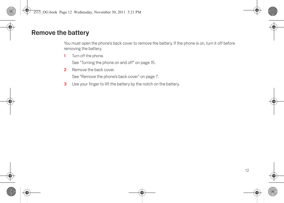 Remove the battery, Remove the battery 12 | Verizon Cell Phone User Manual | Page 18 / 21