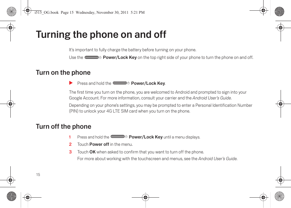 Turning the phone on and off, Turn on the phone, Turn off the phone | Turning the phone on and off 15, Turn on the phone 15 turn off the phone 15 | Verizon Cell Phone User Manual | Page 21 / 21