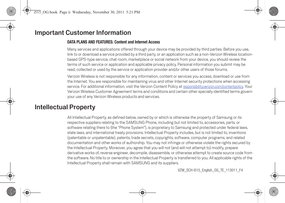 Important customer information, Intellectual property | Verizon Cell Phone User Manual | Page 3 / 21