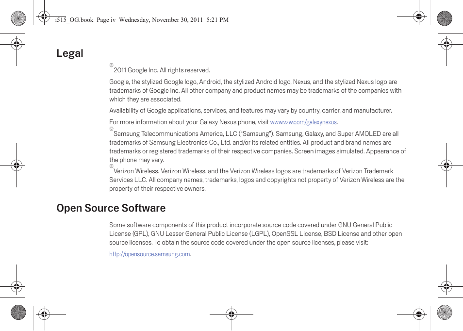 Legal, Open source software | Verizon Cell Phone User Manual | Page 5 / 21