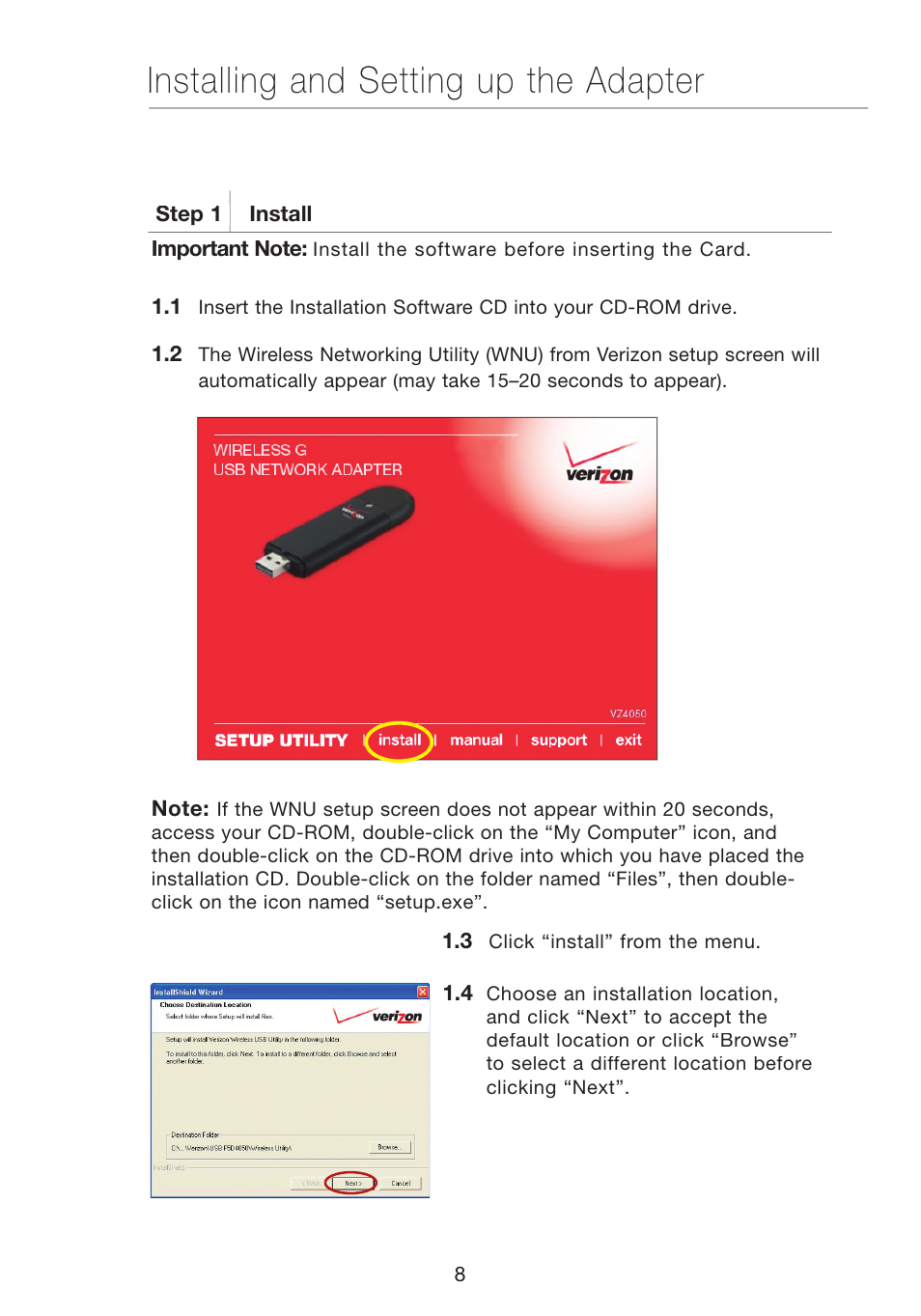 Installing and setting up the adapter | Verizon VZ4050 User Manual | Page 10 / 40