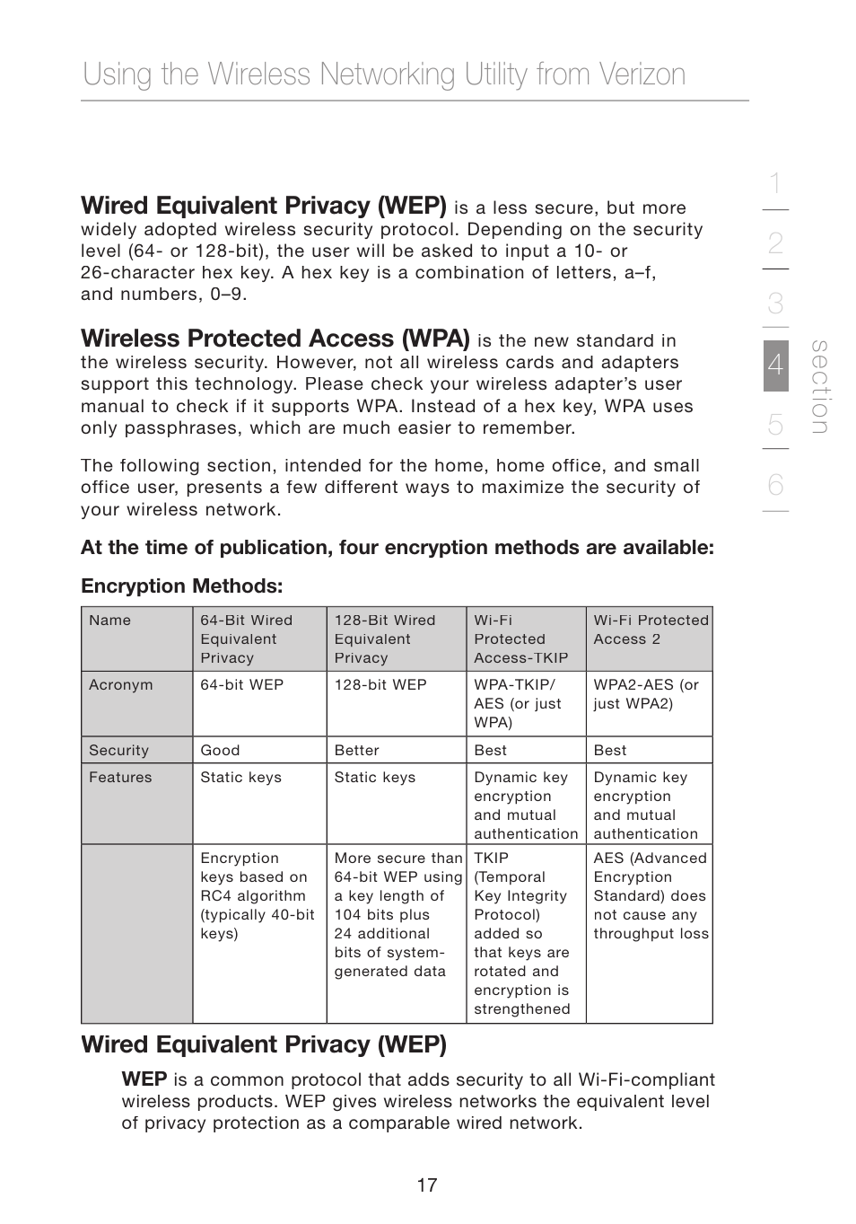 Using the wireless networking utility from verizon, Se c tio n, Wired equivalent privacy (wep) | Wireless protected access (wpa) | Verizon VZ4050 User Manual | Page 19 / 40