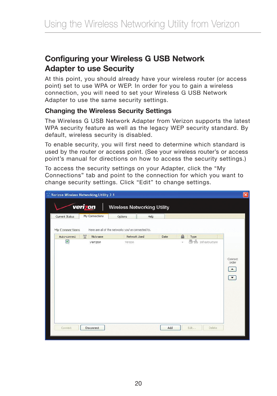 Using the wireless networking utility from verizon | Verizon VZ4050 User Manual | Page 22 / 40