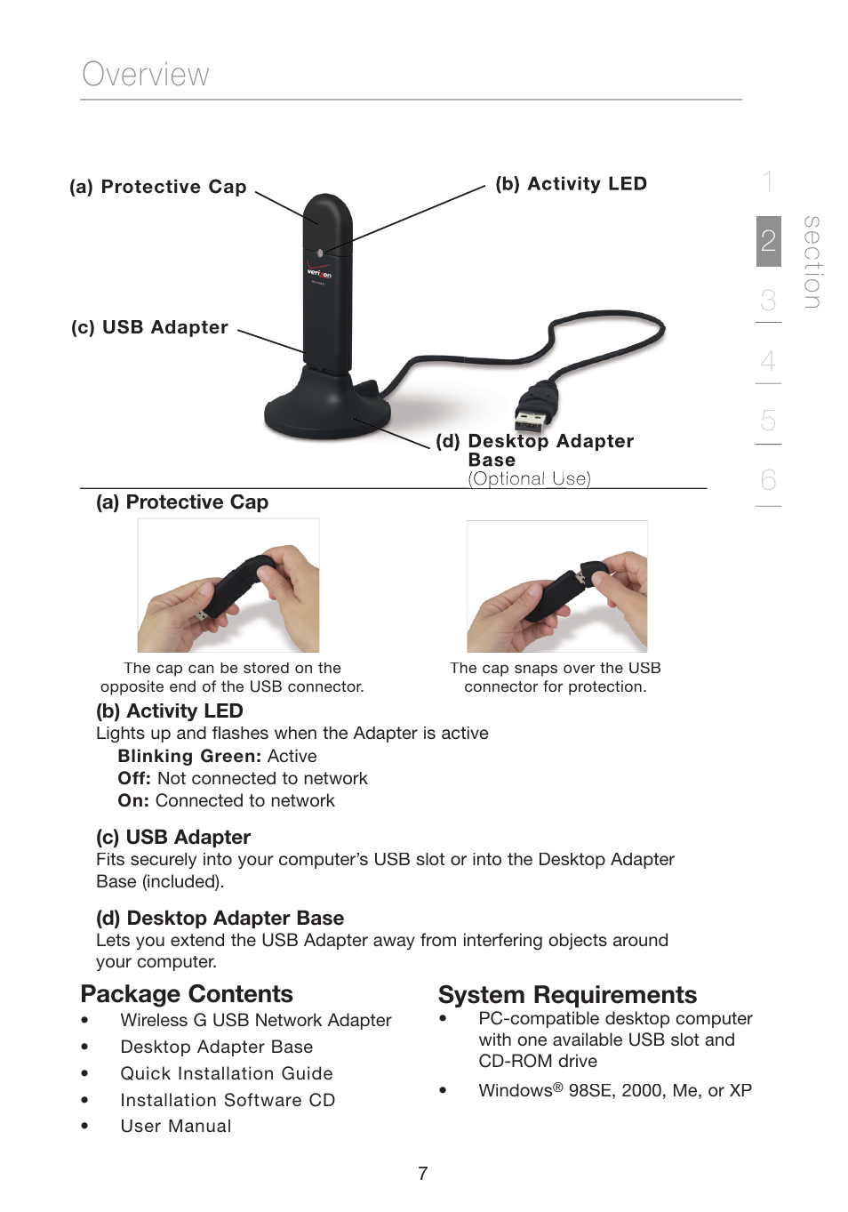 Overview, Se c tio n, System requirements | Package contents | Verizon VZ4050 User Manual | Page 9 / 40