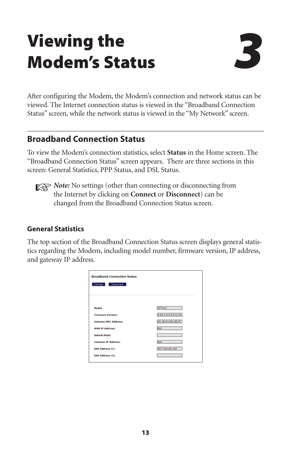 Viewing the modem’s status, Broadband connection status | Verizon GT701C User Manual | Page 16 / 101