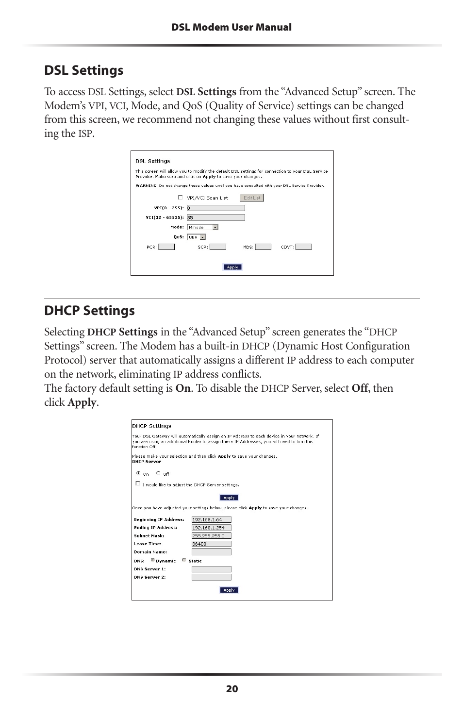 Dsl settings, Dhcp settings, 20 dhcp settings | Verizon GT701C User Manual | Page 23 / 101