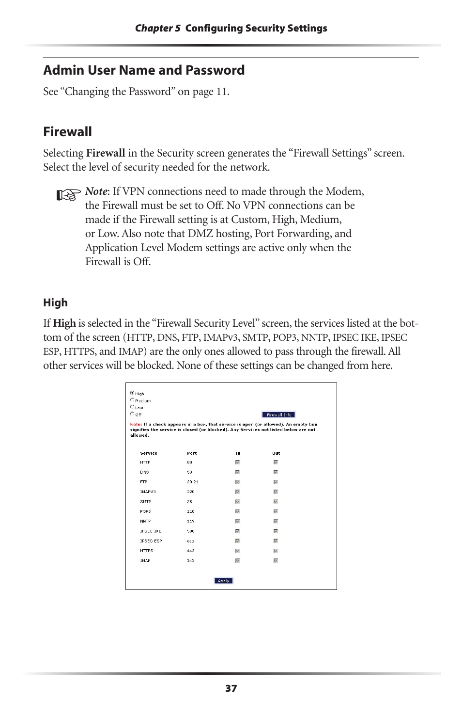 Admin user name and password, Firewall, 37 firewall | Verizon GT701C User Manual | Page 40 / 101