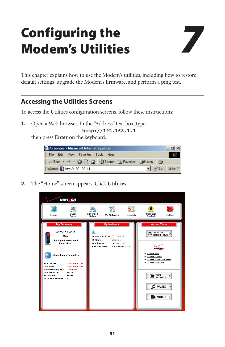 Configuring the modem’s utilities, Accessing the utilities screens | Verizon GT701C User Manual | Page 54 / 101