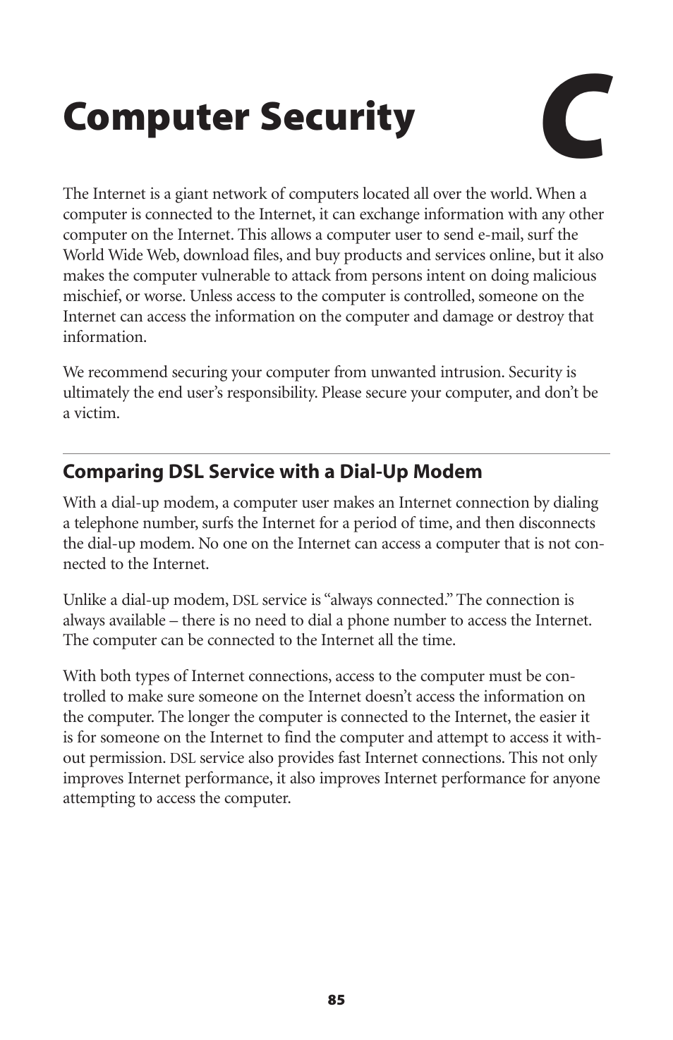Computer security, Comparing dsl service with a dial-up modem | Verizon GT701C User Manual | Page 88 / 101