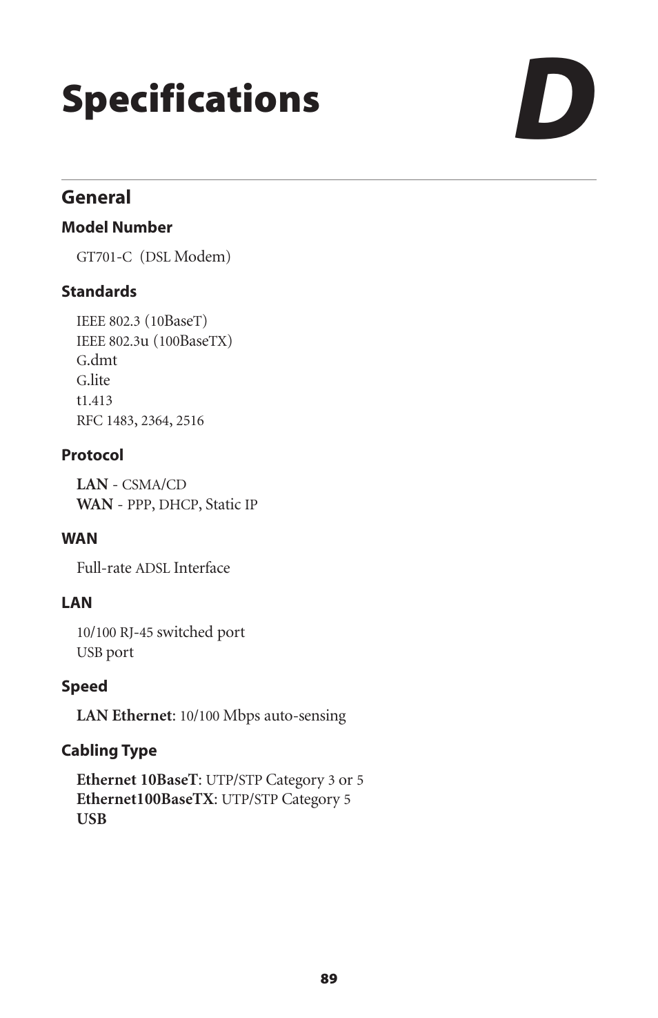 Specifications, General | Verizon GT701C User Manual | Page 92 / 101