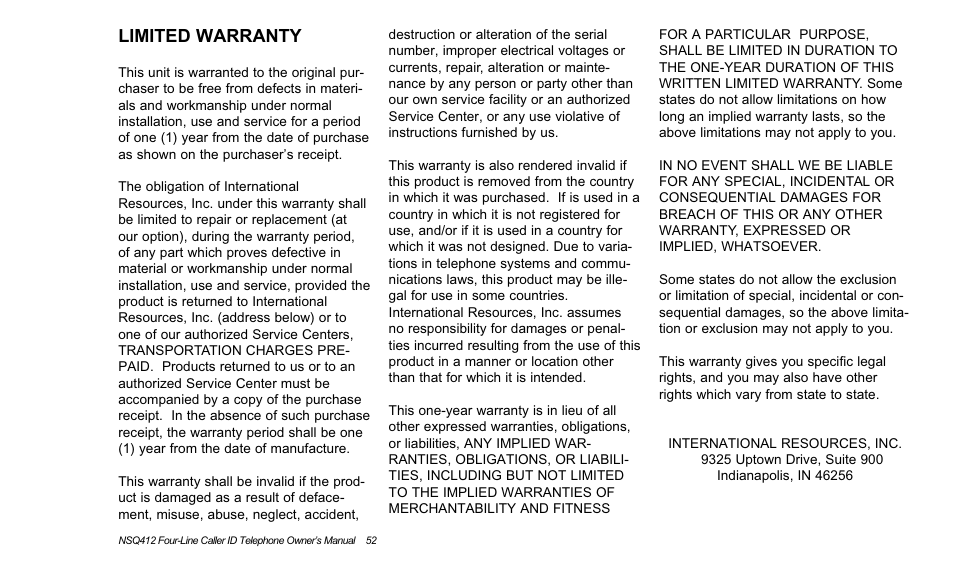 Limited warranty | Verizon NSQ412 User Manual | Page 55 / 57