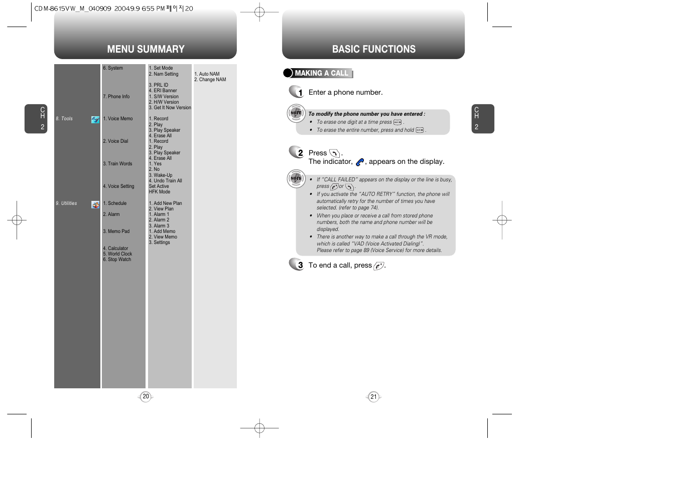 Menu summary, Basic functions | Verizon CDM8615 User Manual | Page 12 / 67