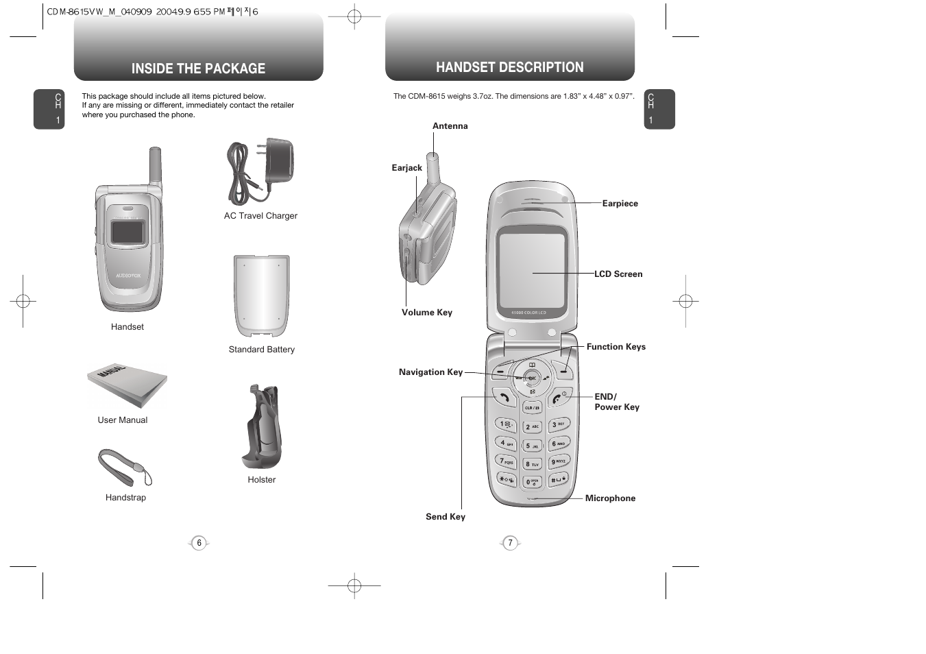 Handset description, Inside the package | Verizon CDM8615 User Manual | Page 5 / 67