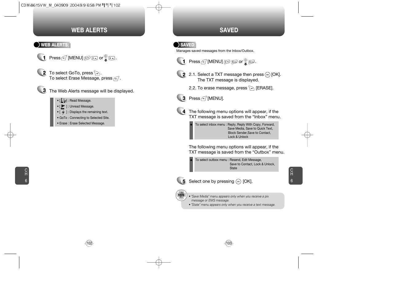 Saved web alerts | Verizon CDM8615 User Manual | Page 53 / 67