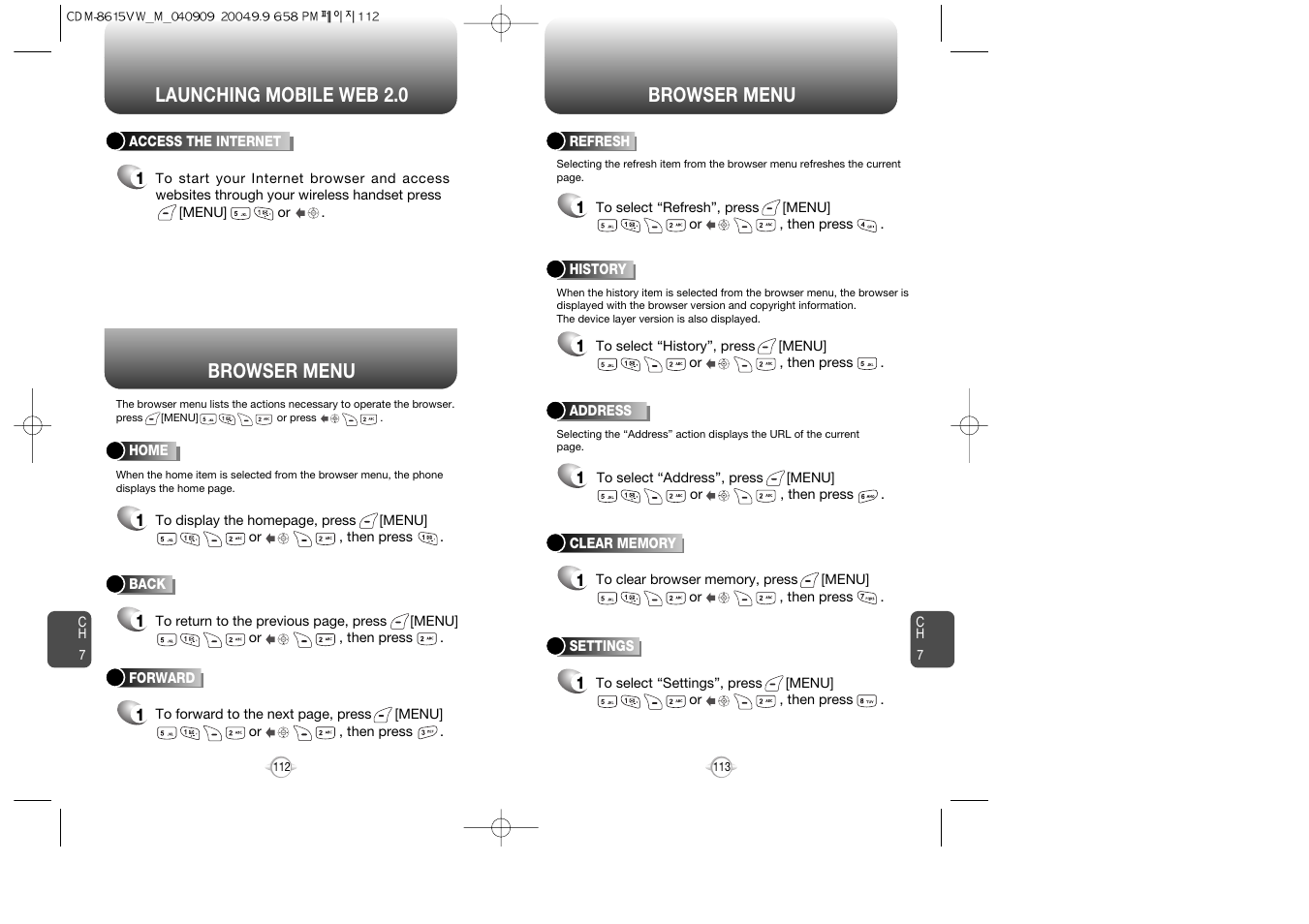 Launching mobile web 2.0 browser menu, Browser menu | Verizon CDM8615 User Manual | Page 58 / 67