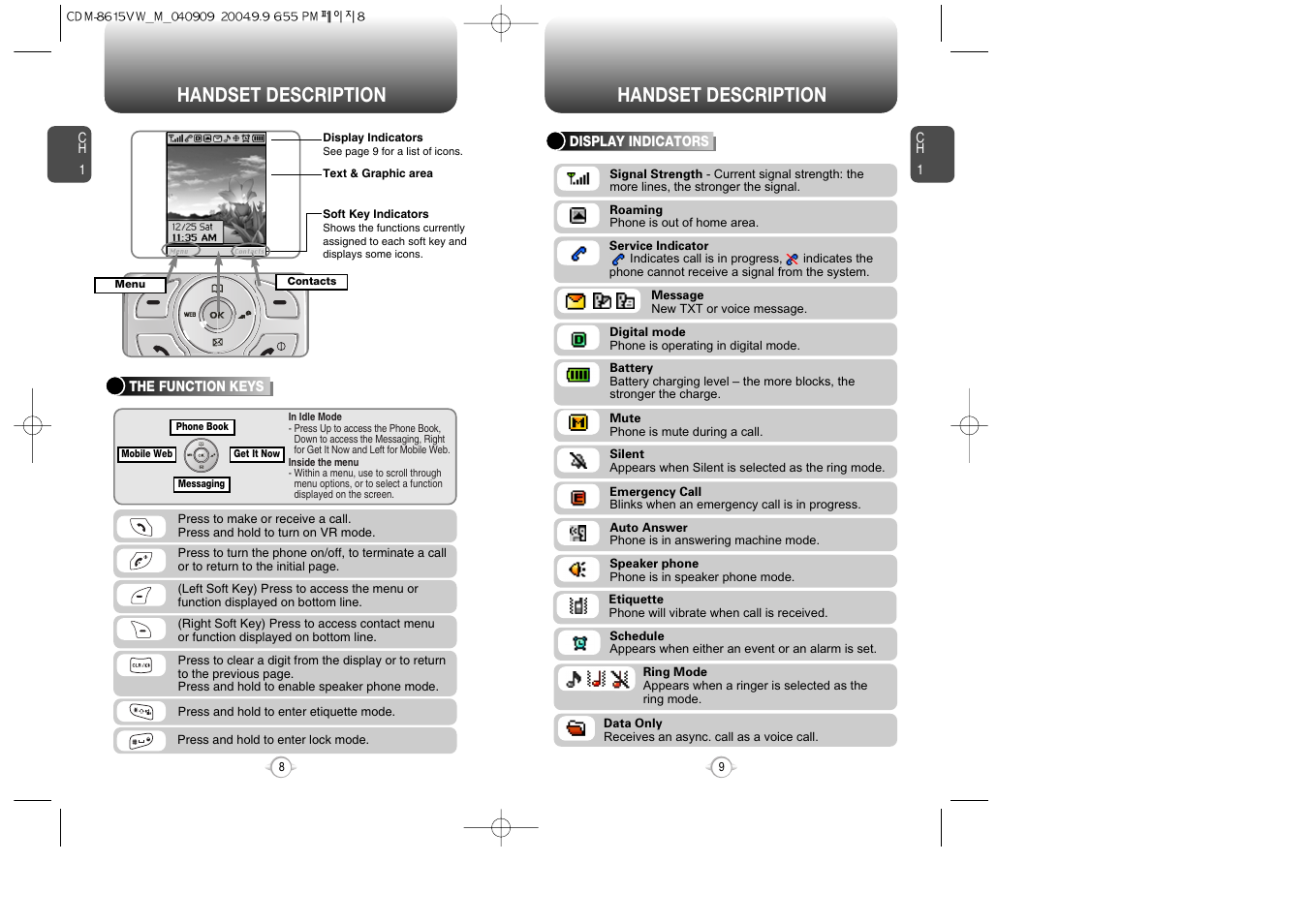 Handset description | Verizon CDM8615 User Manual | Page 6 / 67