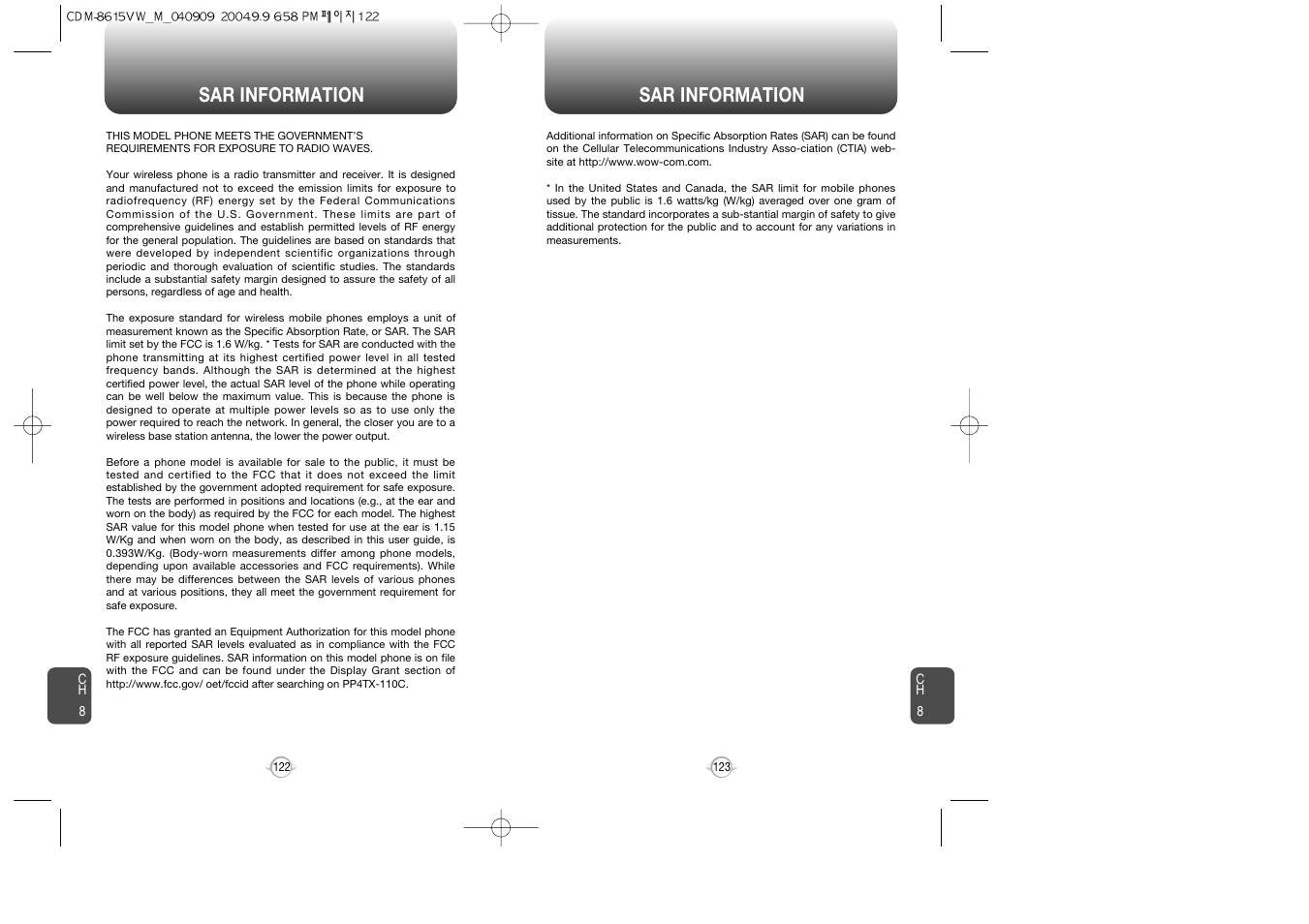 Sar information | Verizon CDM8615 User Manual | Page 63 / 67
