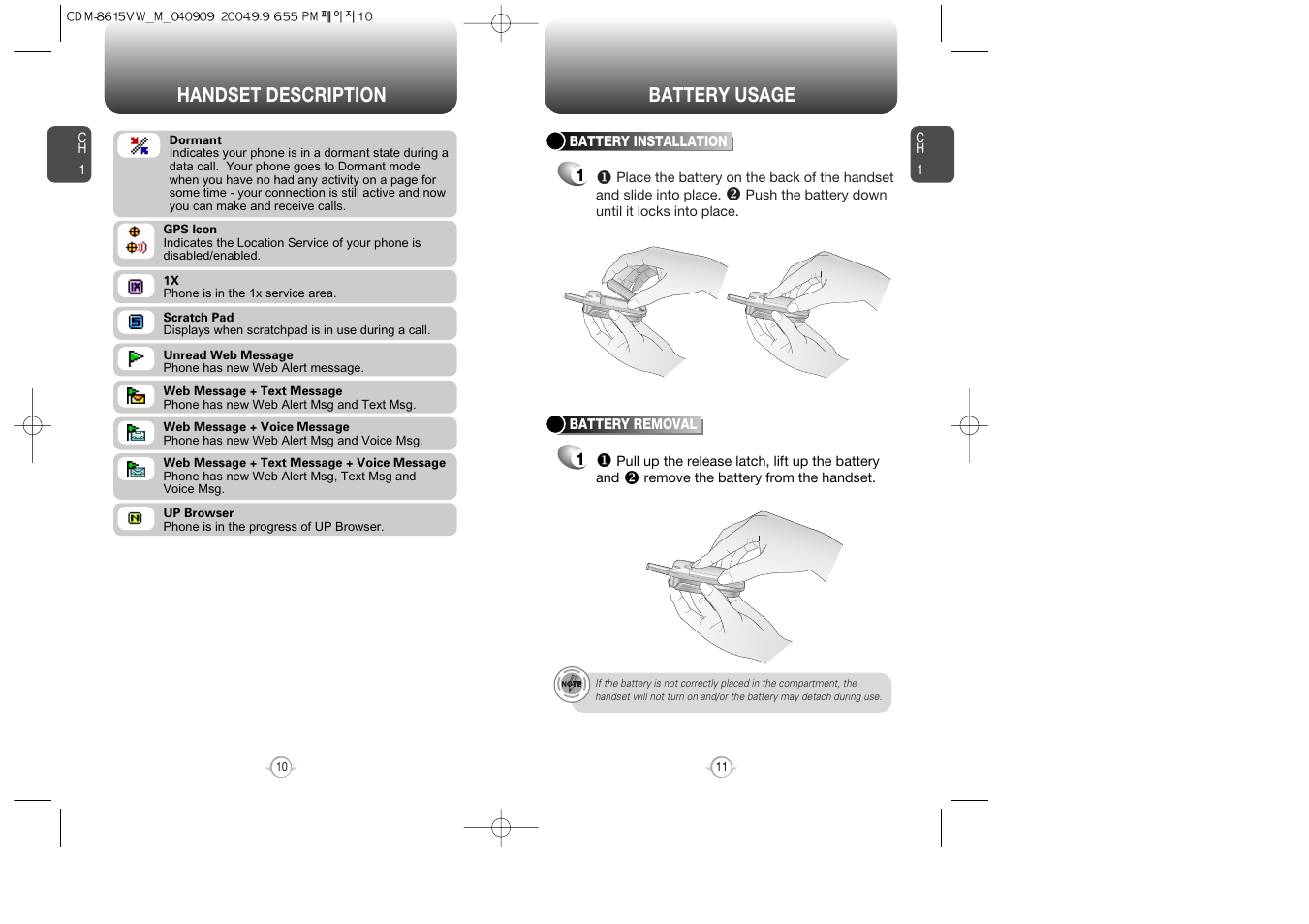 Handset description battery usage | Verizon CDM8615 User Manual | Page 7 / 67