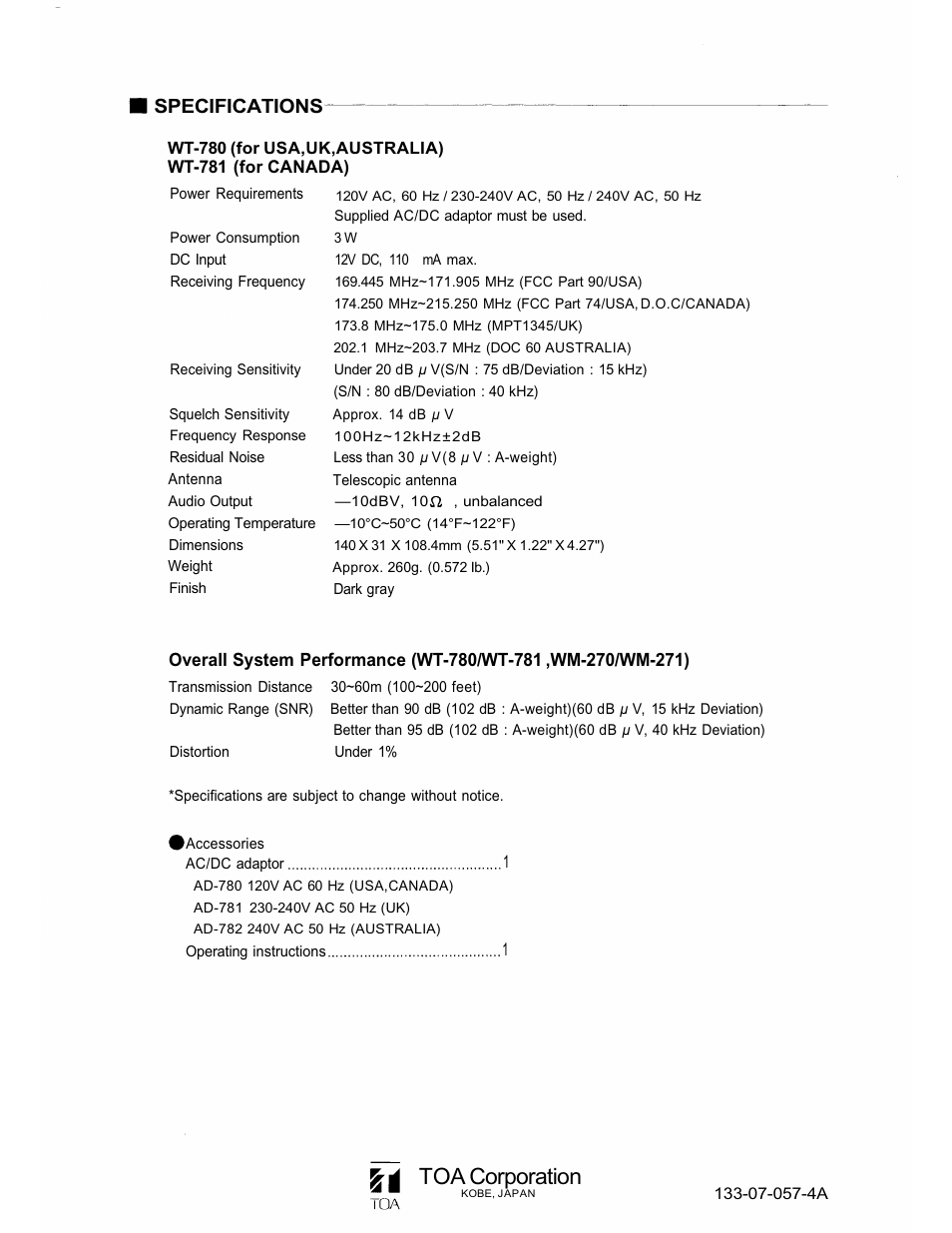 Toa corporation, Specifications | Verizon WT-781 User Manual | Page 6 / 6