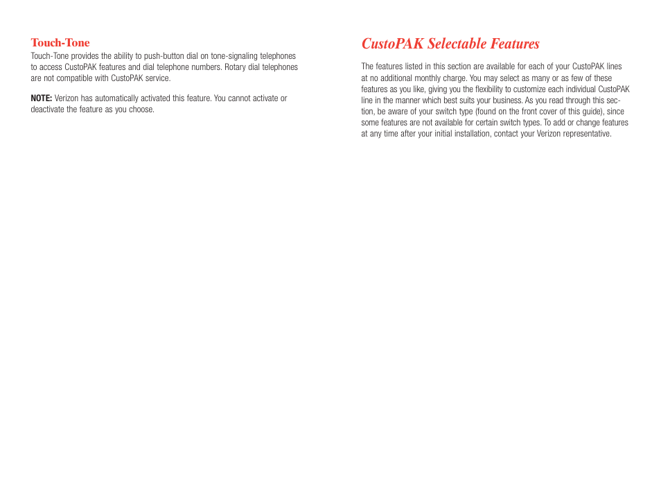 Custopak selectable features | Verizon CustoPAK User Manual | Page 10 / 30