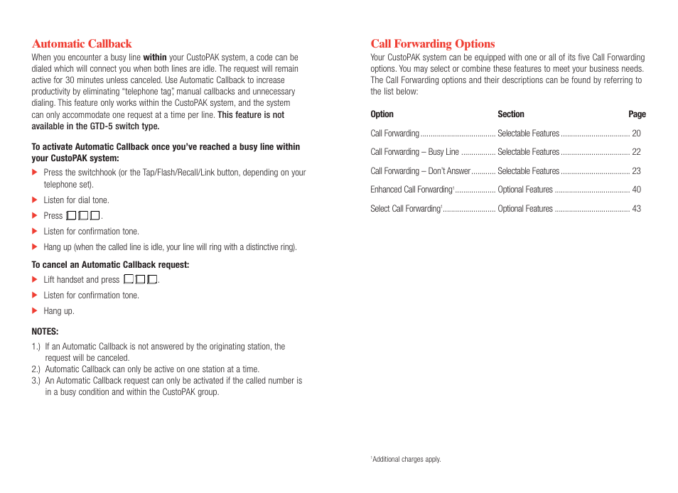 Automatic callback, Call forwarding options | Verizon CustoPAK User Manual | Page 11 / 30