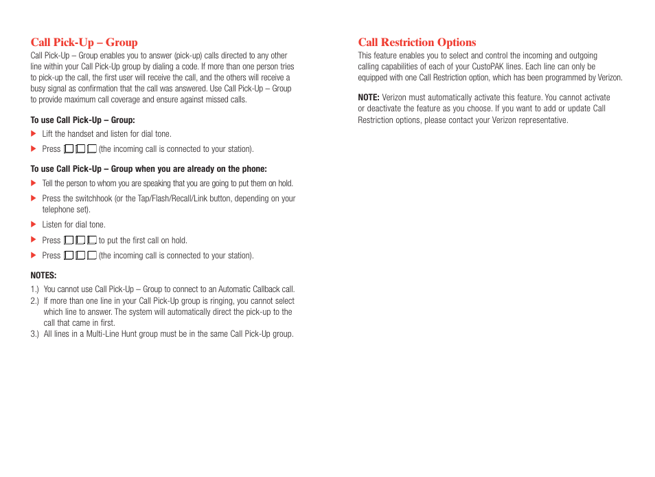Call restriction options, Call pick-up – group | Verizon CustoPAK User Manual | Page 14 / 30