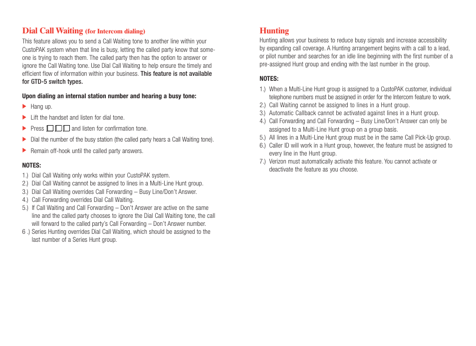 Dial call waiting, Hunting | Verizon CustoPAK User Manual | Page 16 / 30