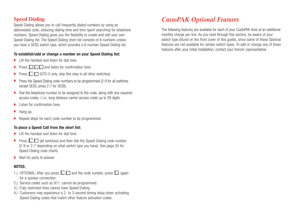 Custopak optional features, Speed dialing | Verizon CustoPAK User Manual | Page 17 / 30