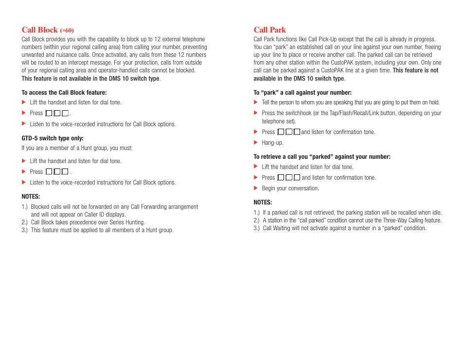 Call park, Call block | Verizon CustoPAK User Manual | Page 19 / 30