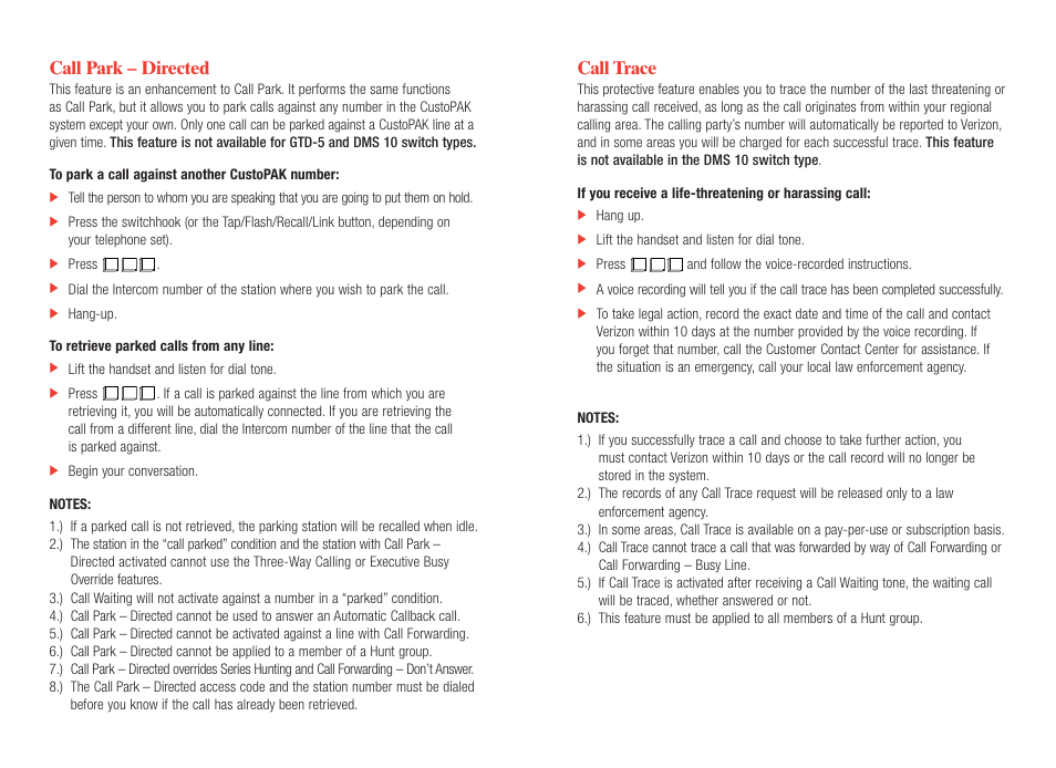 Call trace, Call park – directed | Verizon CustoPAK User Manual | Page 20 / 30