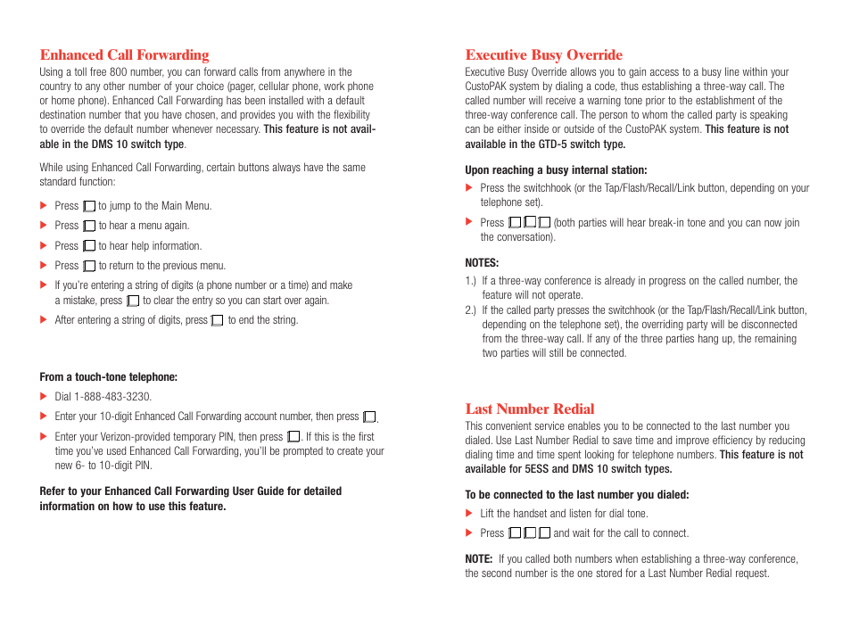 Enhanced call forwarding, Calling enhanced call forwarding, Executive busy override | Last number redial | Verizon CustoPAK User Manual | Page 22 / 30