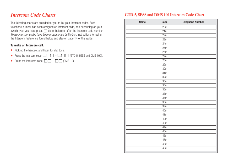Intercom code charts | Verizon CustoPAK User Manual | Page 25 / 30