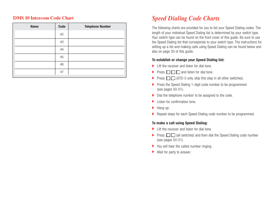 Speed dialing code charts, Dms 10 intercom code chart | Verizon CustoPAK User Manual | Page 26 / 30