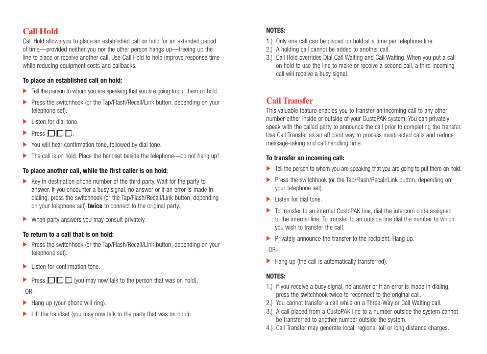 Call hold, Call transfer | Verizon CustoPAK User Manual | Page 7 / 30