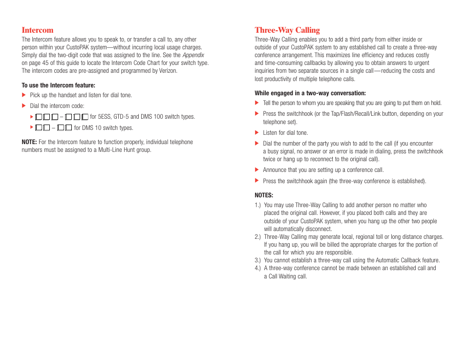 Intercom, Three-way calling | Verizon CustoPAK User Manual | Page 9 / 30