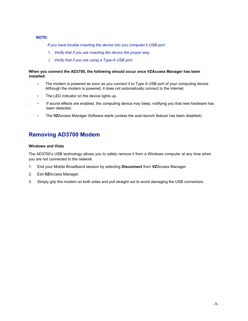 Removing ad3700 modem | Verizon Wireless Global Ready USB Modem AD3700 User Manual | Page 10 / 17